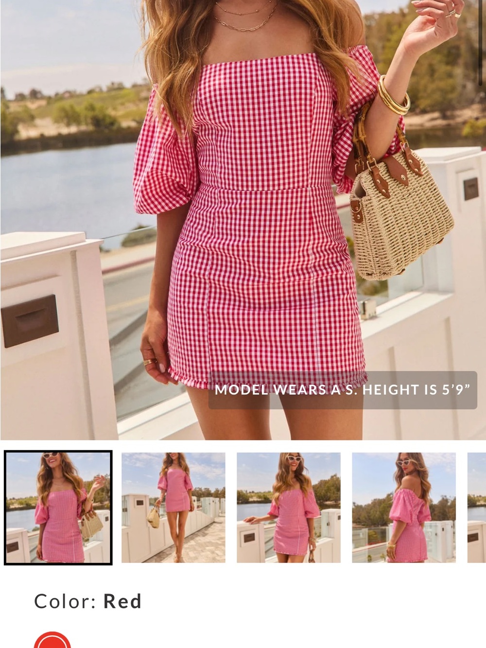 Rosie Gingham Off The Shoulder Mini Dress